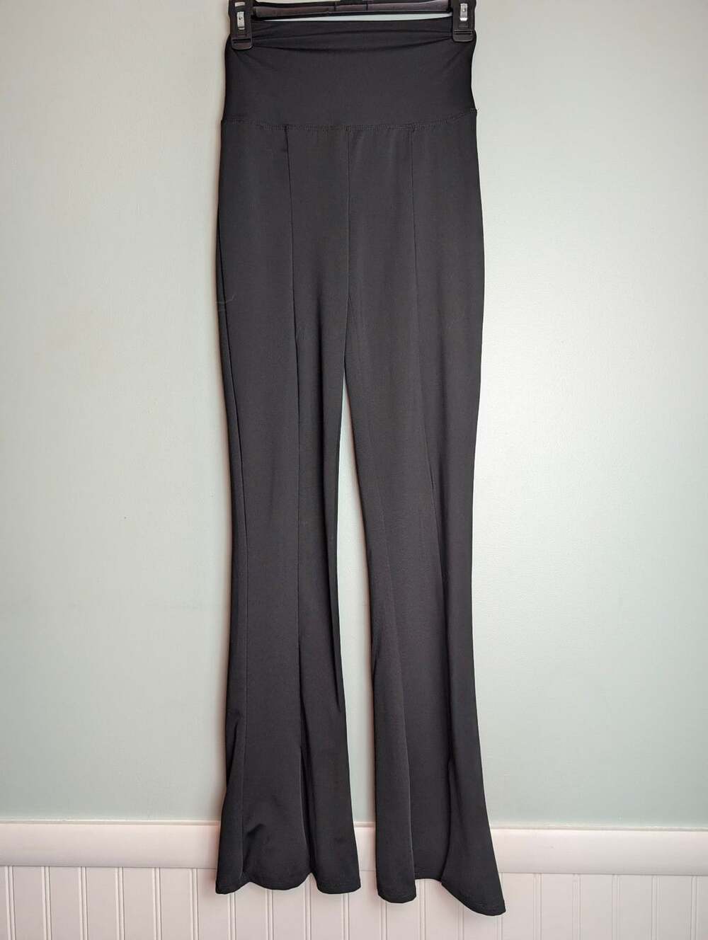 y2kstyle Gymgirl Noir Flare Pants Size XS Black High Waisted Front Seam